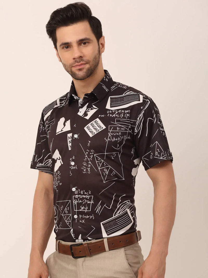 Jainish Men's Lycra Printed Half Sleeve Formal Shirts ( SF 813Black )