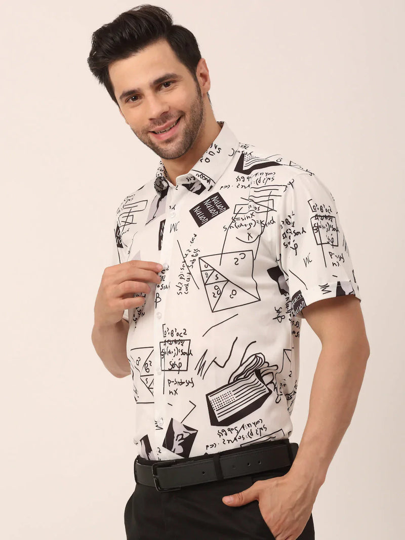 Jainish Men's Lycra Printed Half Sleeve Formal Shirts ( SF 813White )