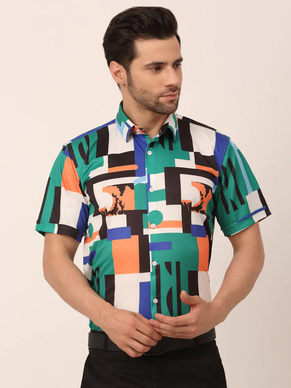 Jainish Men's Lycra Printed Half Sleeve Formal Shirts ( SF 814Green )