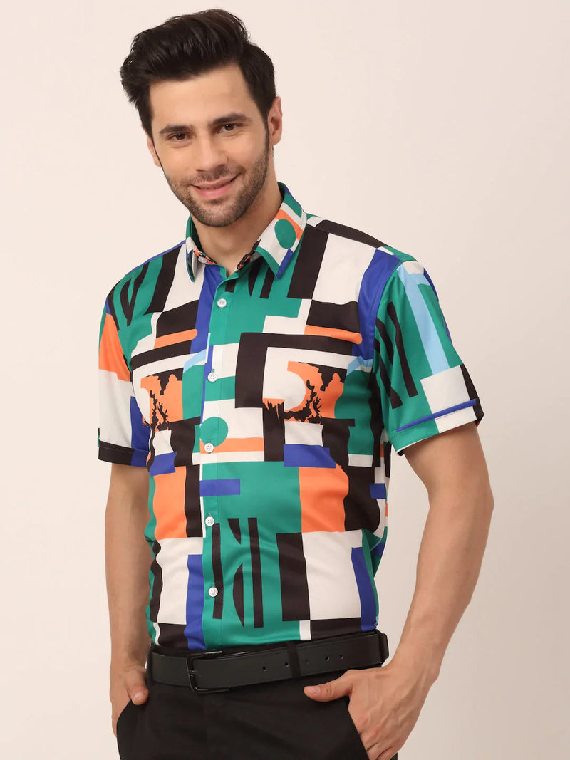 Jainish Men's Lycra Printed Half Sleeve Formal Shirts ( SF 814Green )