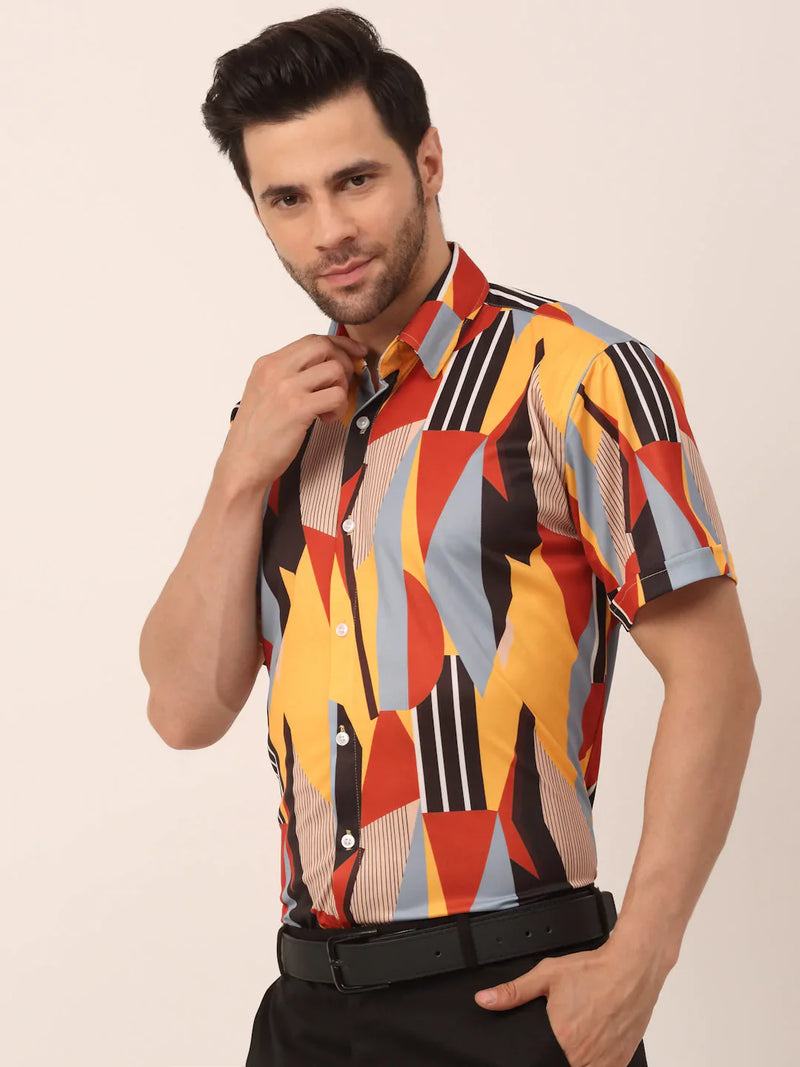 Jainish Men's Lycra Printed Half Sleeve Formal Shirts ( SF 814Yellow )