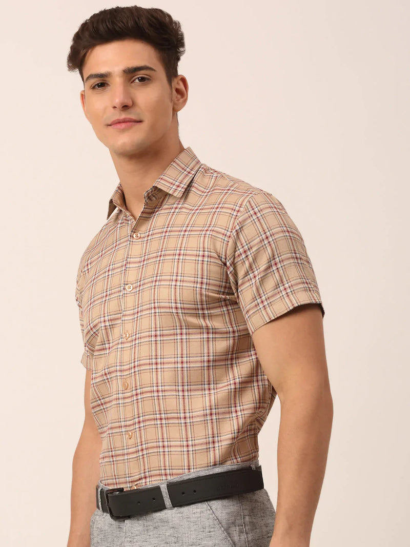 Jainish Men's Cotton Checked Half Sleeve Formal Shirts ( SF 815Brown )