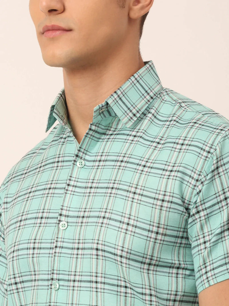 Jainish Men's Cotton Checked Half Sleeve Formal Shirts ( SF 815Green )