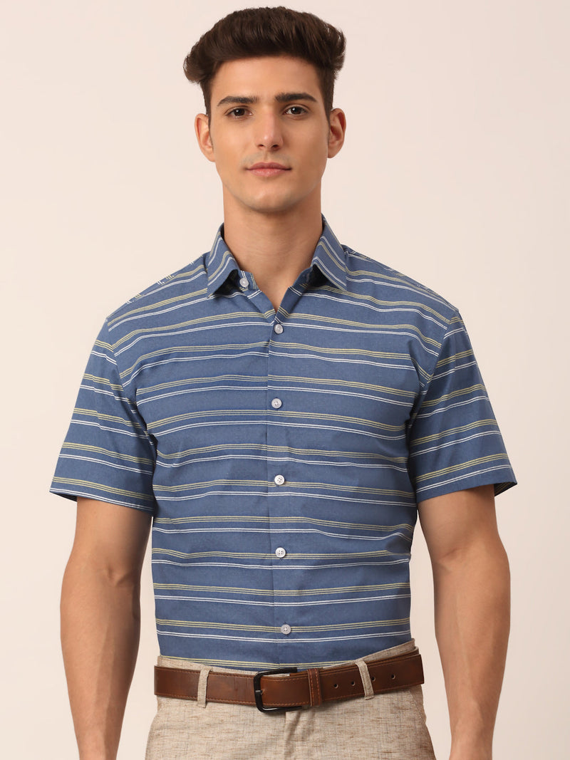 Indian Needle Men's Cotton Striped Half Sleeve Formal Shirts