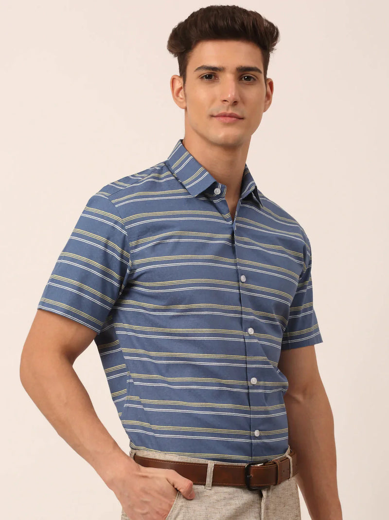 Jainish Men's Cotton Striped Half Sleeve Formal Shirts ( SF 816Blue )