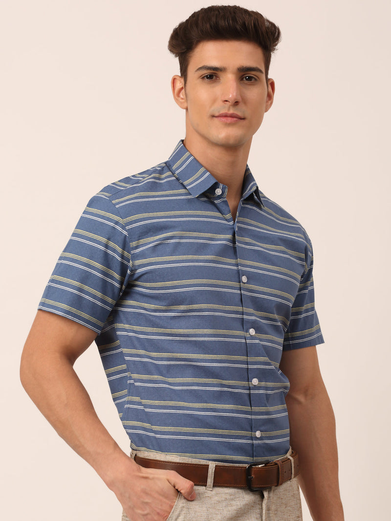 Indian Needle Men's Cotton Striped Half Sleeve Formal Shirts