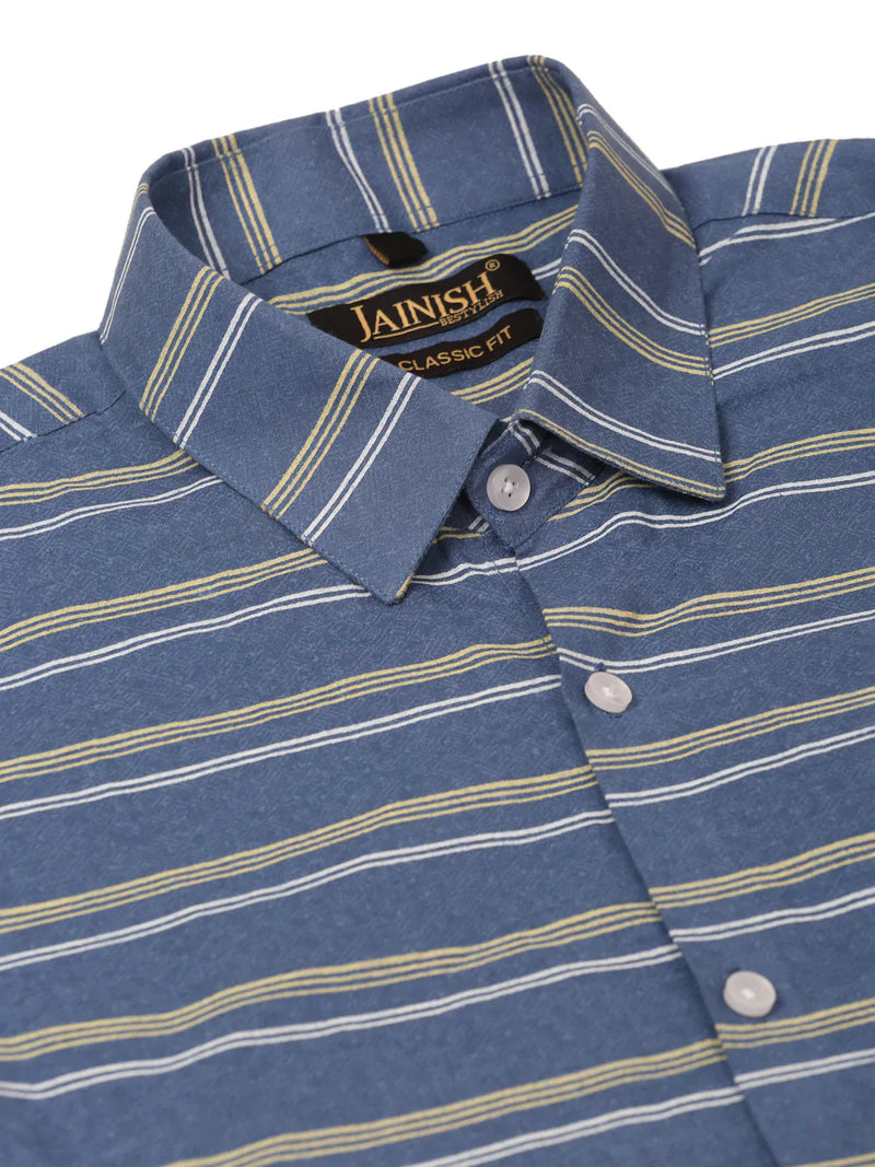 Jainish Men's Cotton Striped Half Sleeve Formal Shirts ( SF 816Blue )