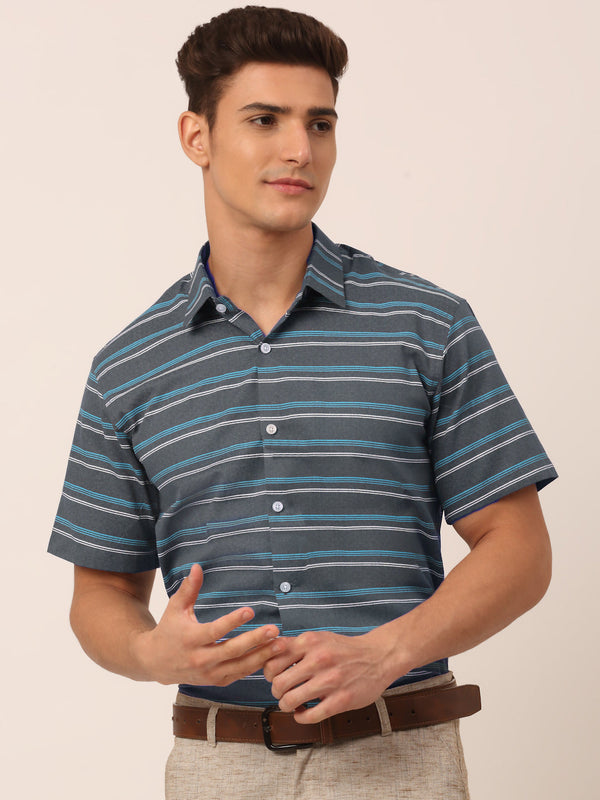 Indian Needle Men's Cotton Striped Half Sleeve Formal Shirts