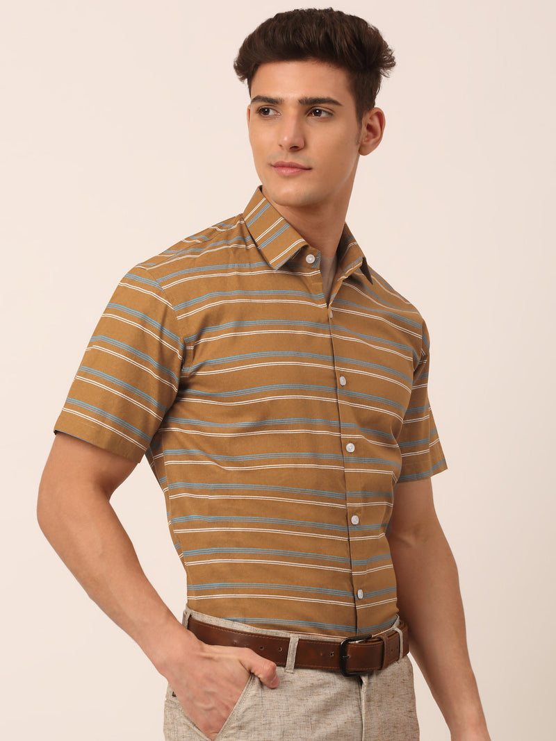 Indian Needle Men's Cotton Striped Half Sleeve Formal Shirts