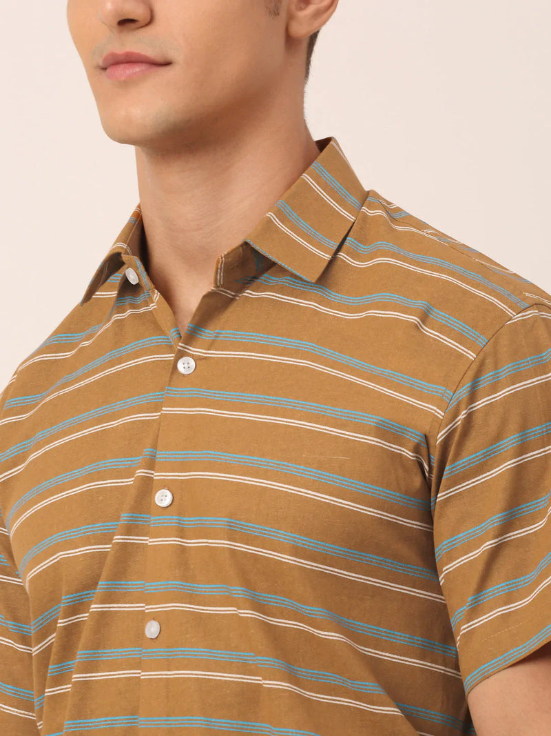 Jainish Men's Cotton Striped Half Sleeve Formal Shirts ( SF 816Mustard )