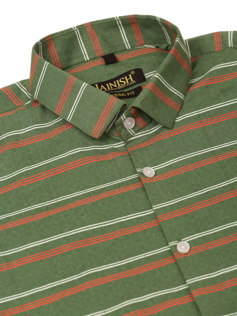 Jainish Men's Cotton Striped Half Sleeve Formal Shirts ( SF 816Olive )