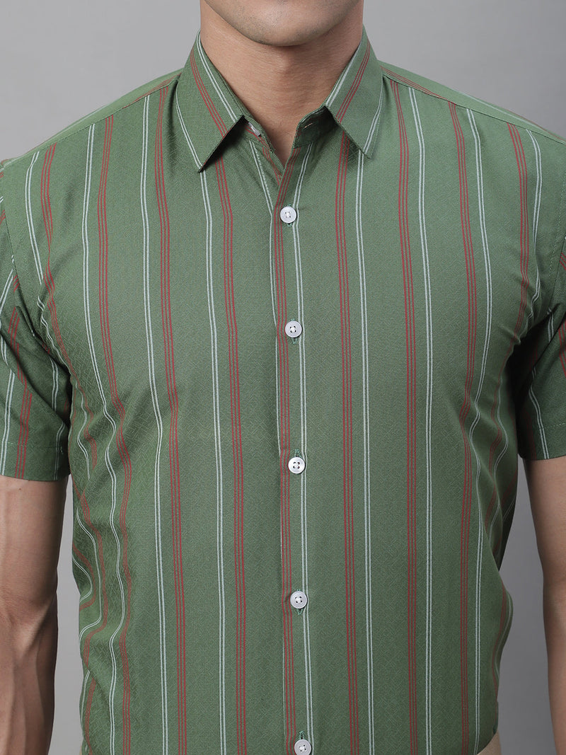 Men's Olive Green Striped Formal Shirt