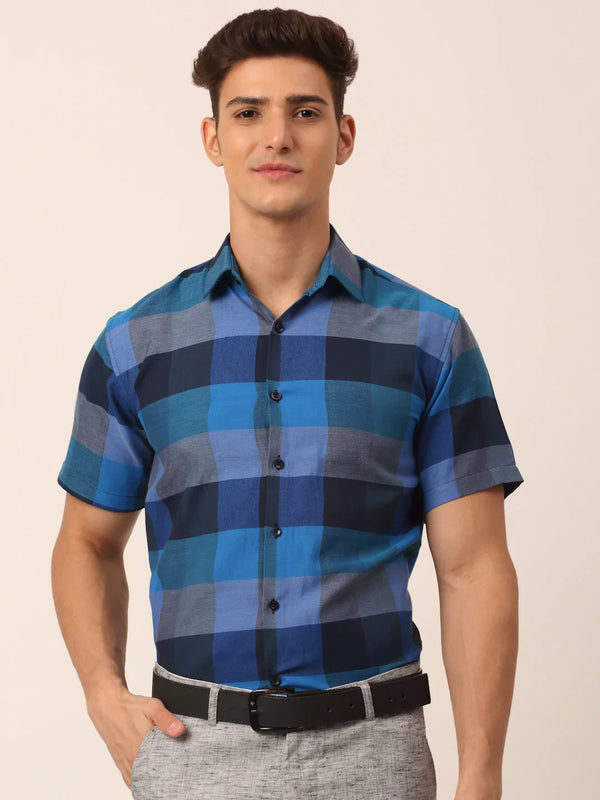 Jainish Men's Cotton Checked Half Sleeve Formal Shirts ( SF 817Blue )