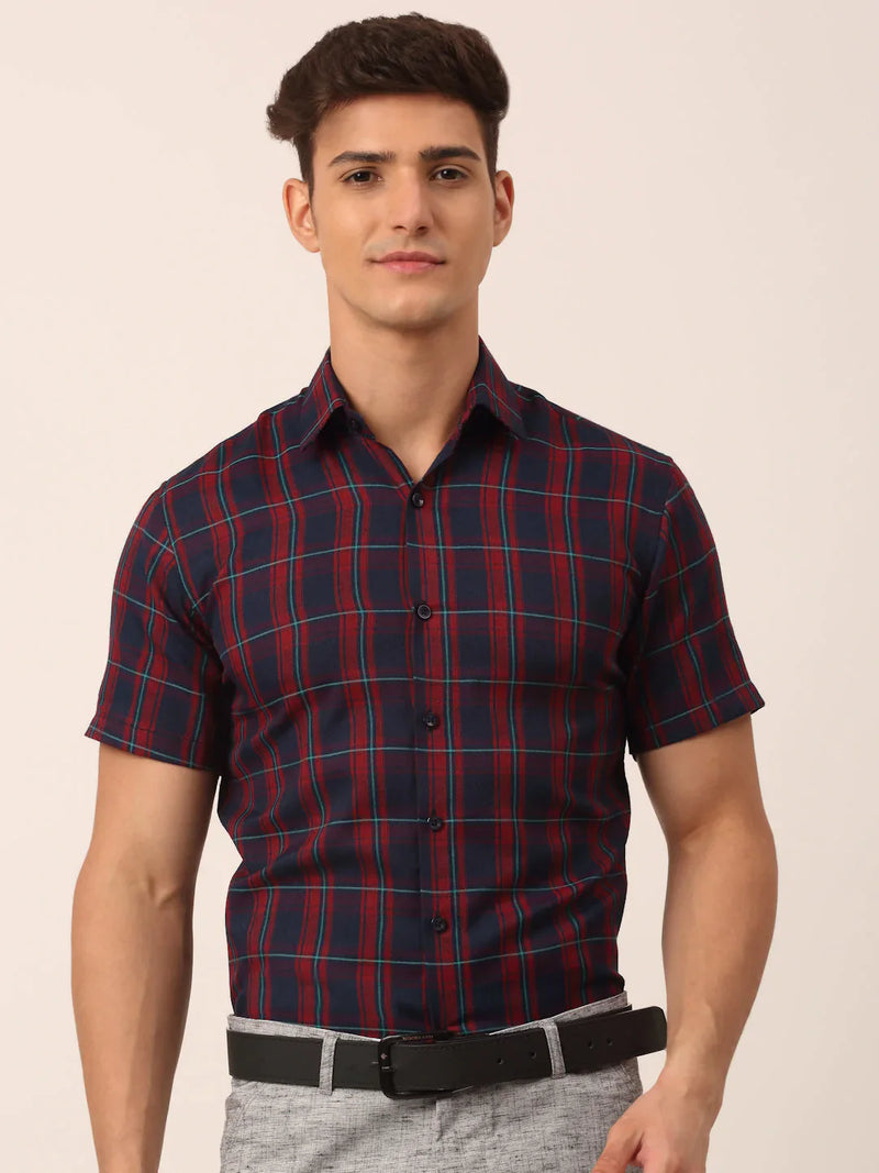 Jainish Men's Cotton Checked Half Sleeve Formal Shirts ( SF 818Red-Blue )