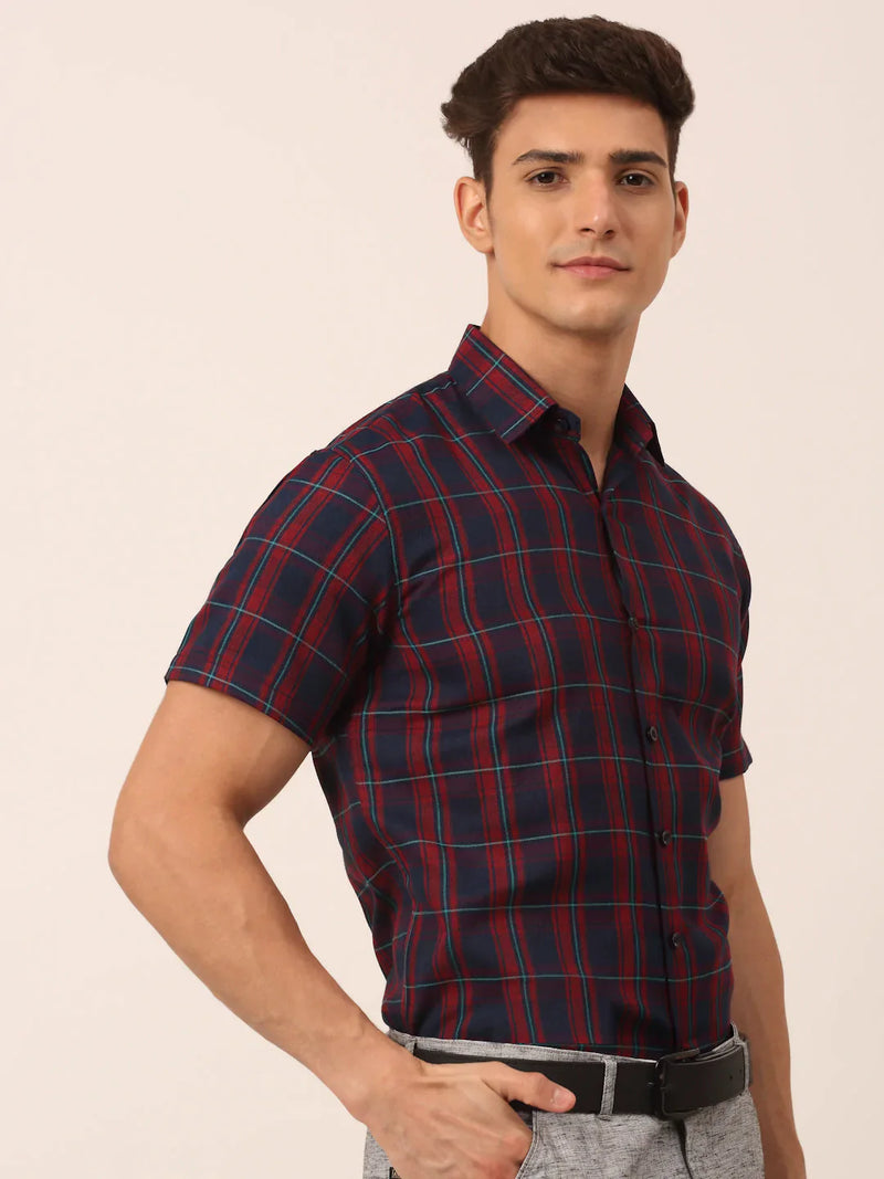 Jainish Men's Cotton Checked Half Sleeve Formal Shirts ( SF 818Red-Blue )