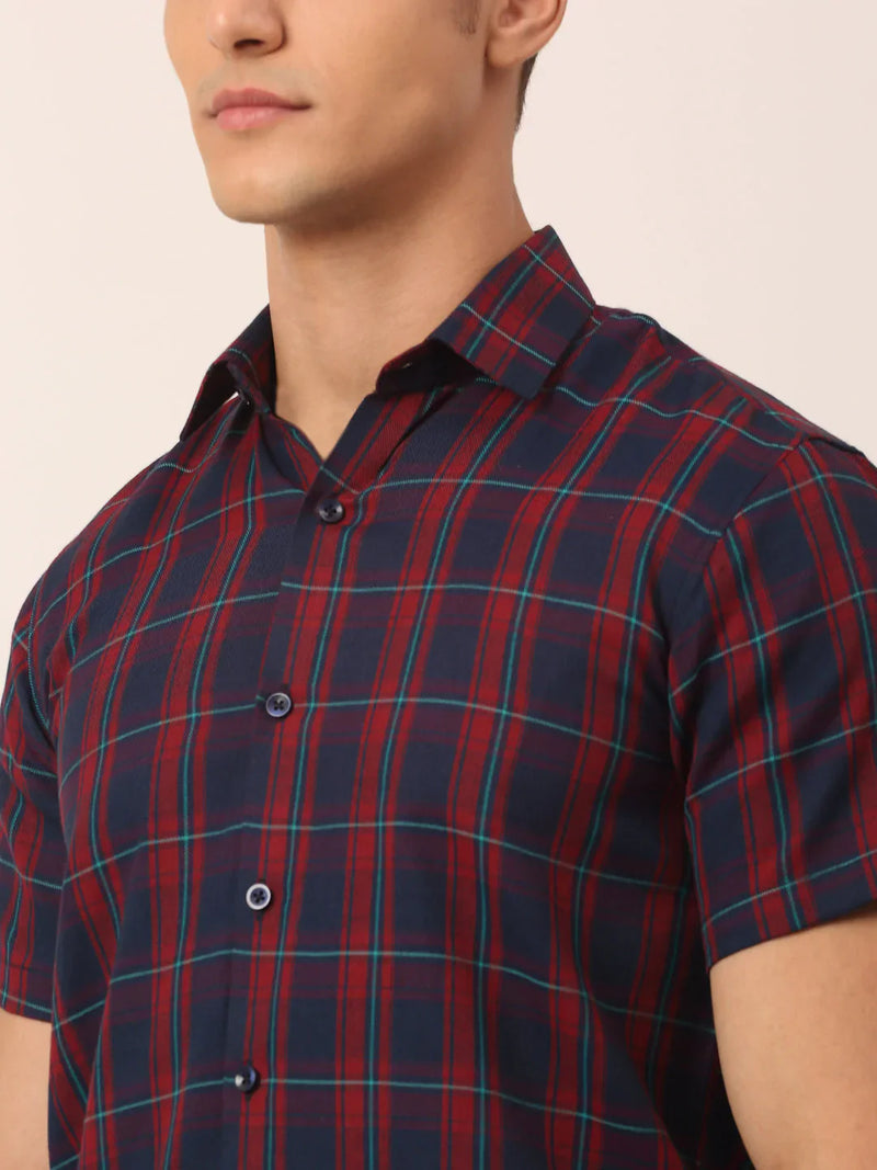 Jainish Men's Cotton Checked Half Sleeve Formal Shirts ( SF 818Red-Blue )