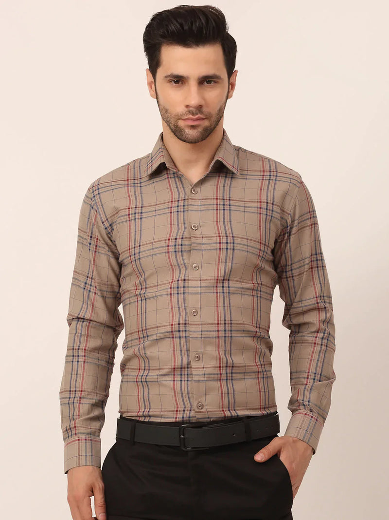 Jainish Men's Cotton Checked Formal Shirts ( SF 819Brown )