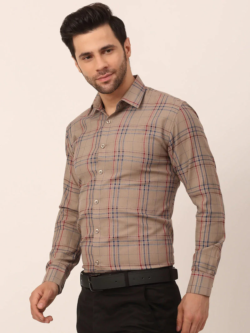 Jainish Men's Cotton Checked Formal Shirts ( SF 819Brown )