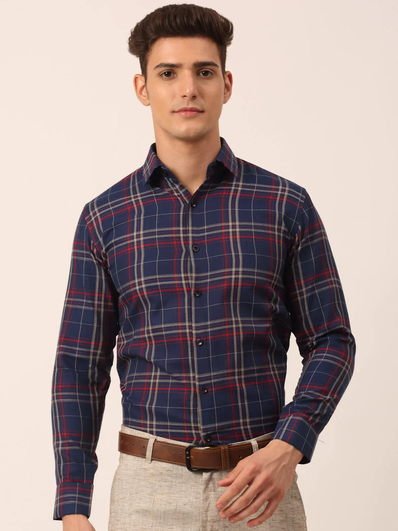 Jainish Men's Cotton Checked Formal Shirts ( SF 819Navy )