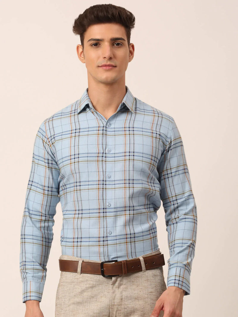 Jainish Men's Cotton Checked Formal Shirts ( SF 819Sky )