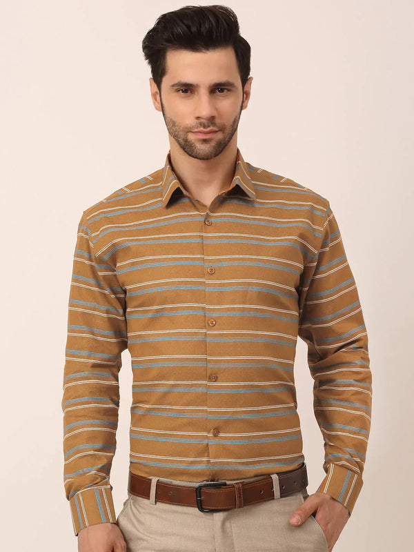 Jainish Men's  Cotton Striped Formal Shirts ( SF 820Mustard )