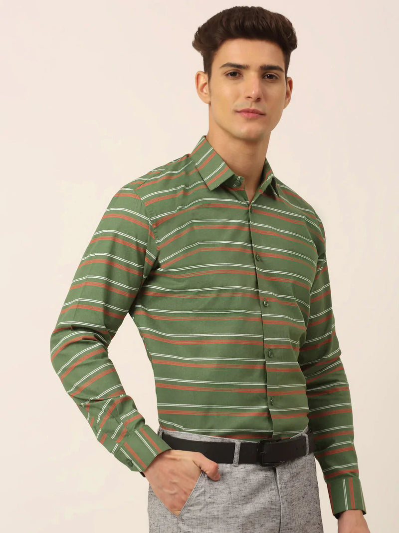 Jainish Men's  Cotton Striped Formal Shirts ( SF 820Olive )