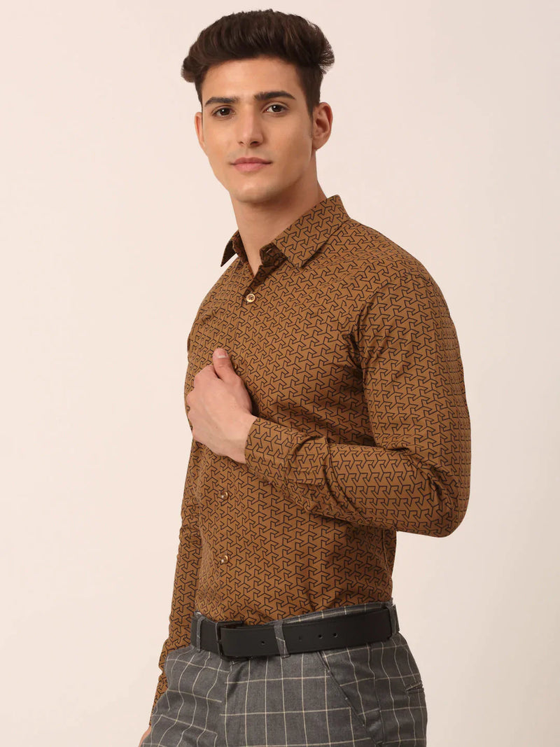 Jainish Men's  Cotton Printed Formal Shirts ( SF 821Beige )