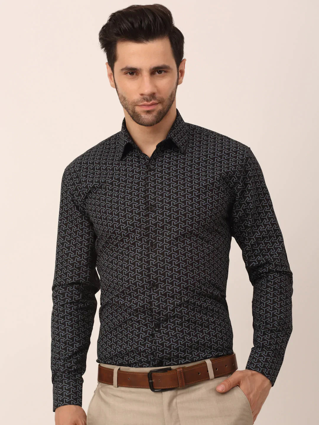 Jainish Men's  Cotton Printed Formal Shirts ( SF 821Black )