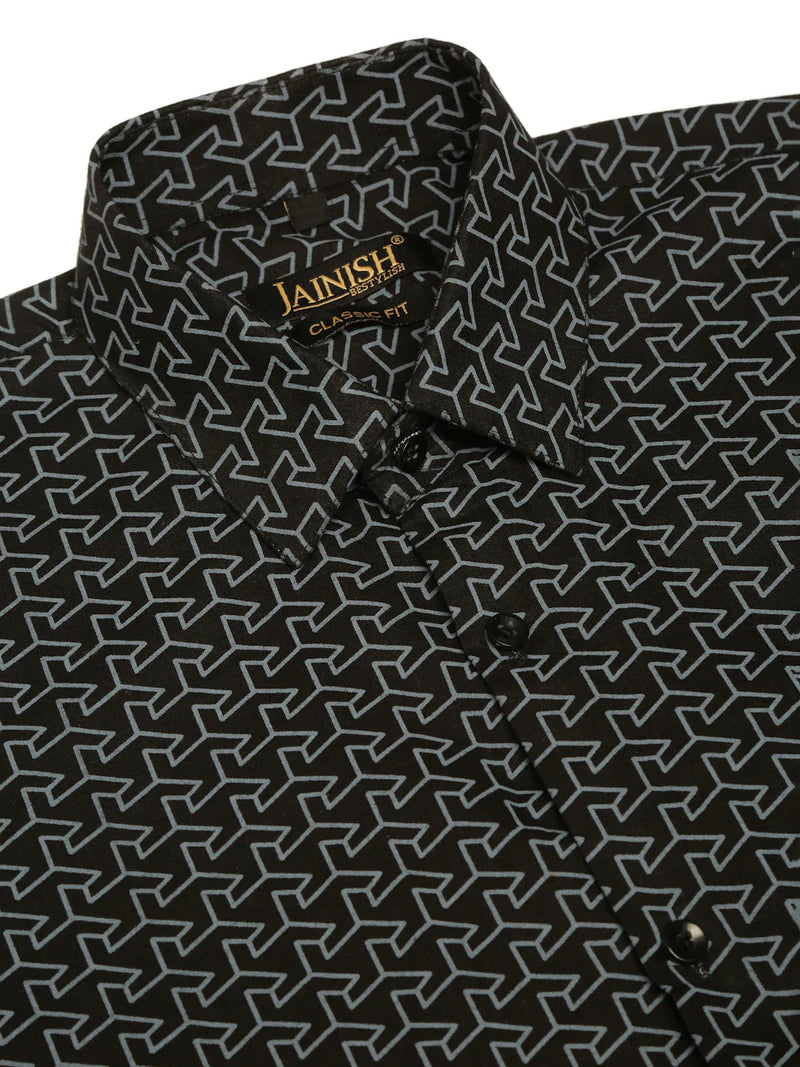 Jainish Men's  Cotton Printed Formal Shirts ( SF 821Black )