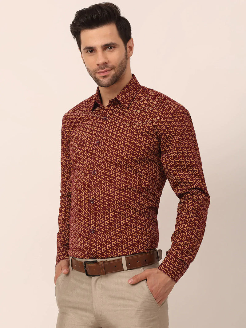 Jainish Men's  Cotton Printed Formal Shirts ( SF 821Brown )