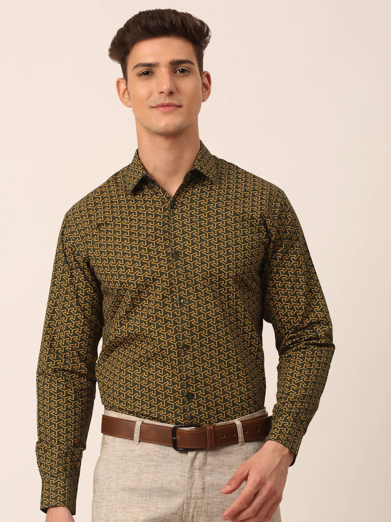 Jainish Men's  Cotton Printed Formal Shirts ( SF 821Olive )