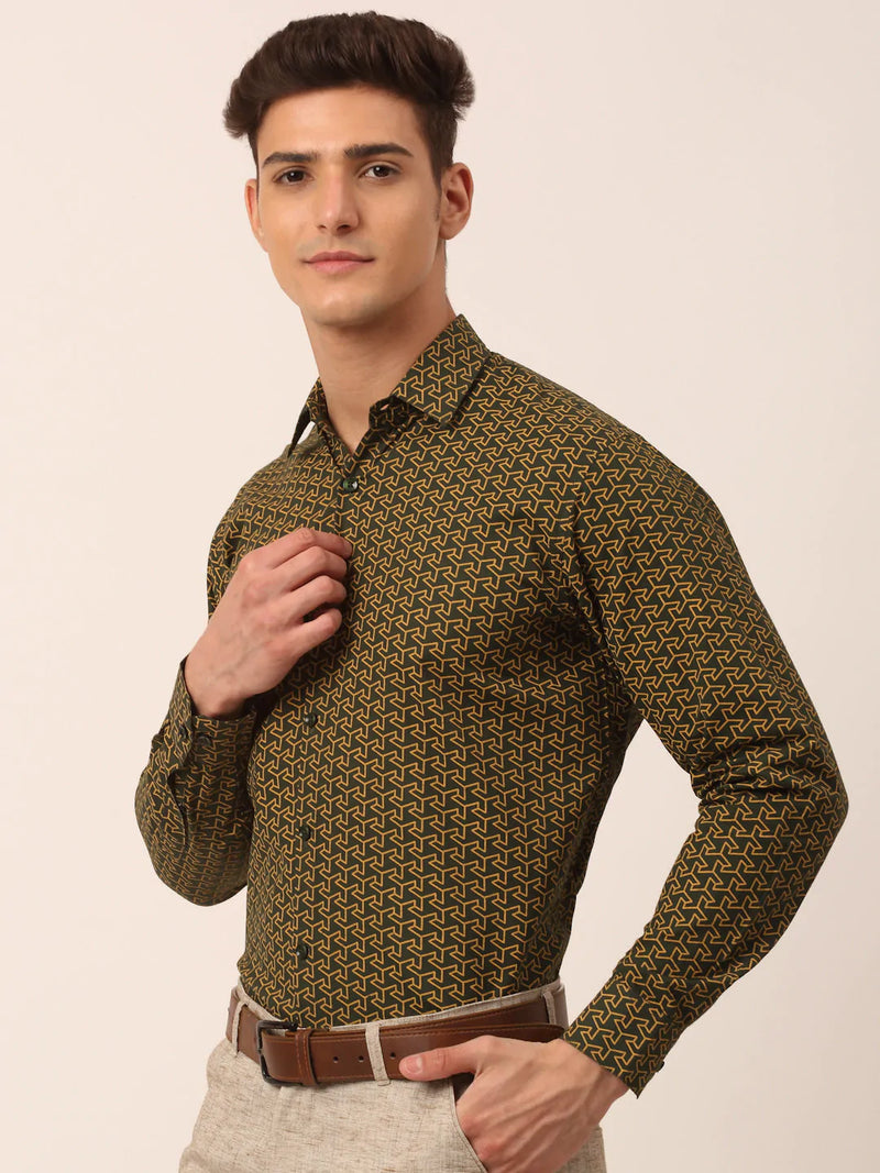 Jainish Men's  Cotton Printed Formal Shirts ( SF 821Olive )