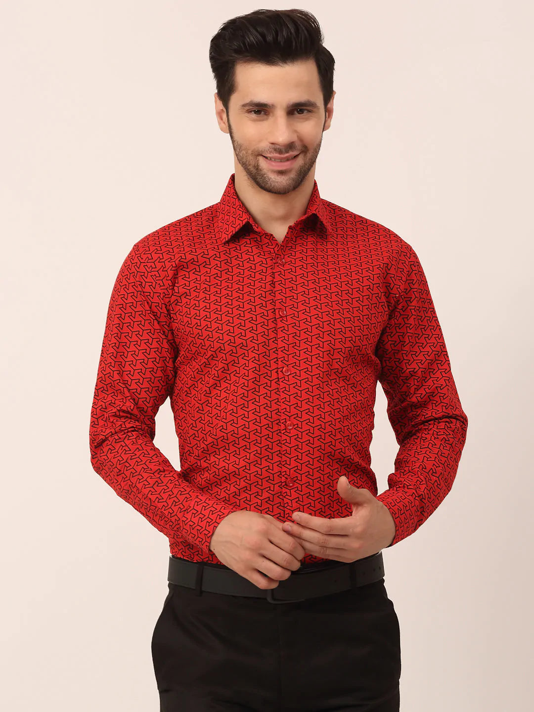 Jainish Men's  Cotton Printed Formal Shirts ( SF 821Red )