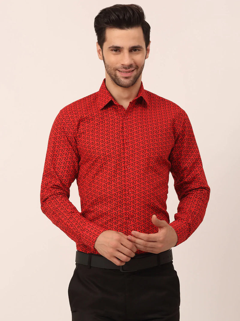 Jainish Men's  Cotton Printed Formal Shirts ( SF 821Red )