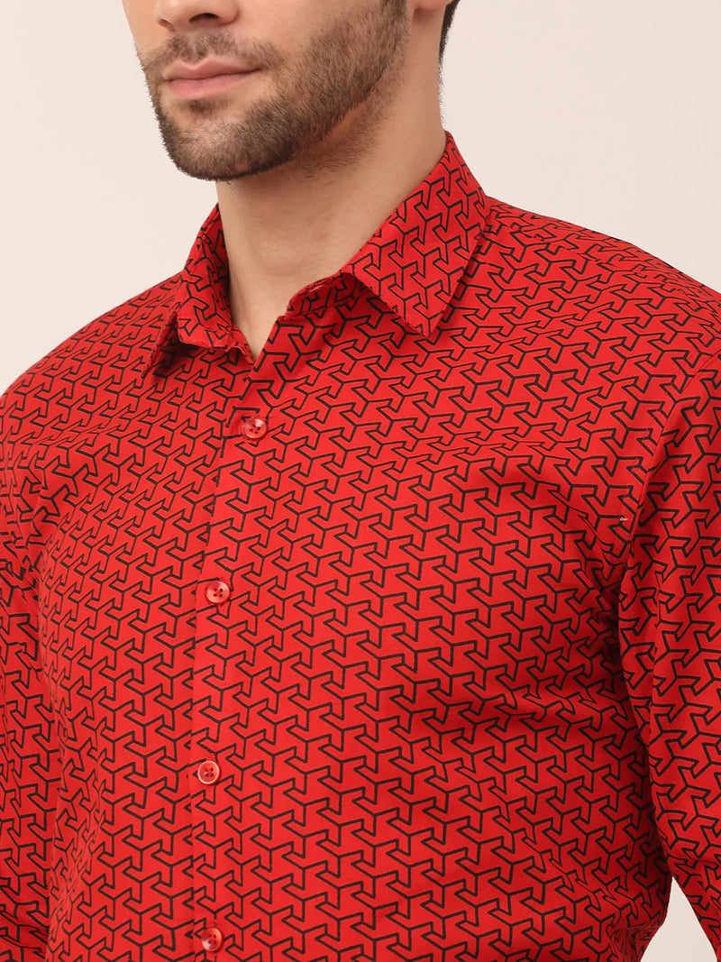 Jainish Men's  Cotton Printed Formal Shirts ( SF 821Red )