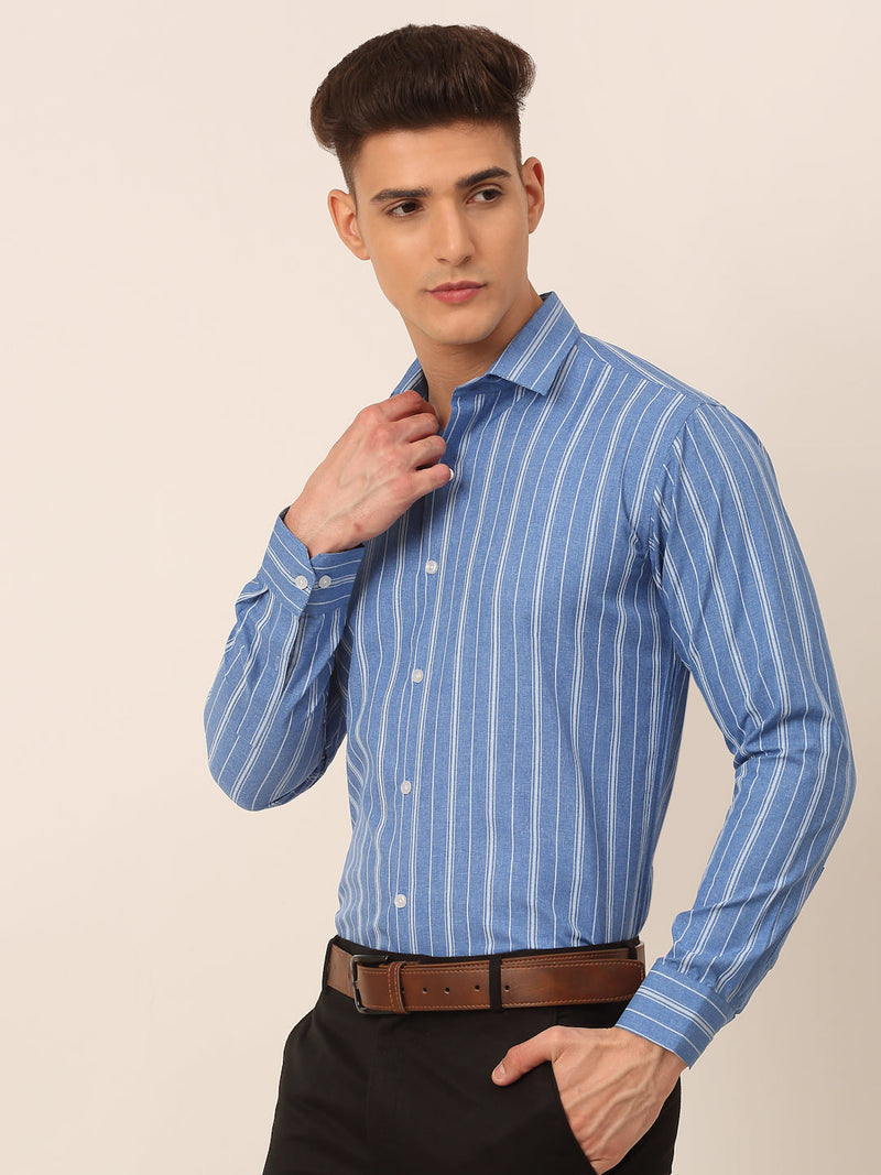 Men Blue & White Classic Striped Formal Shirt