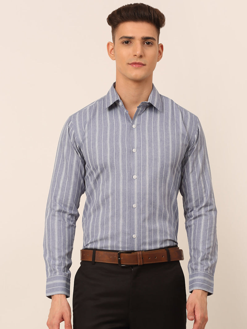 Men Light Grey & White Classic Striped Formal Shirt