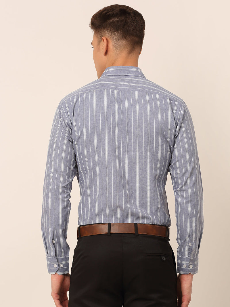 Men Light Grey & White Classic Striped Formal Shirt