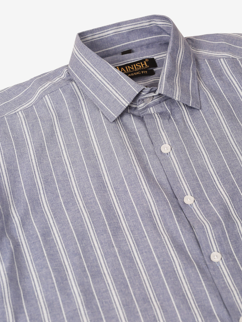 Men Light Grey & White Classic Striped Formal Shirt