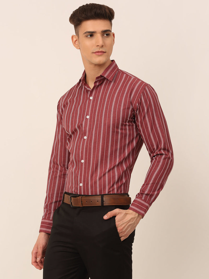 Men Maroon & White Classic Striped Formal Shirt