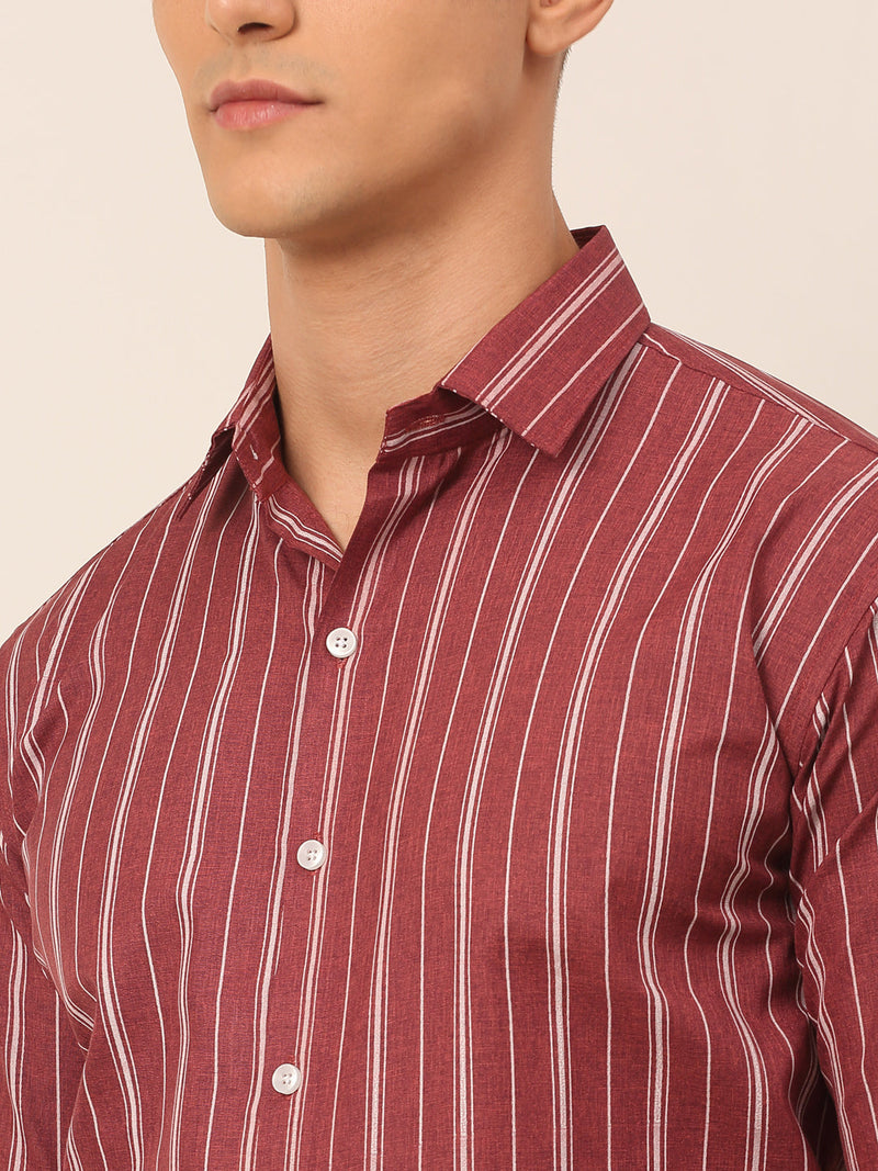 Men Maroon & White Classic Striped Formal Shirt