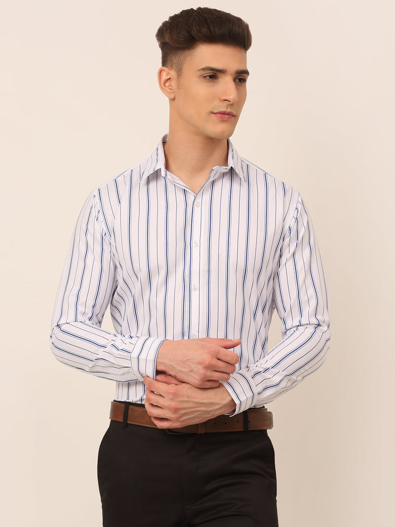 Men White & Blue Classic Striped Formal Shirt