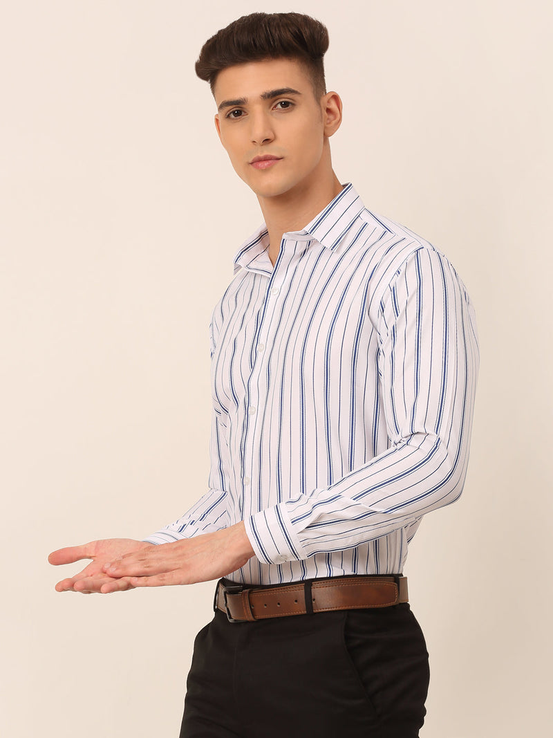 Men White & Blue Classic Striped Formal Shirt