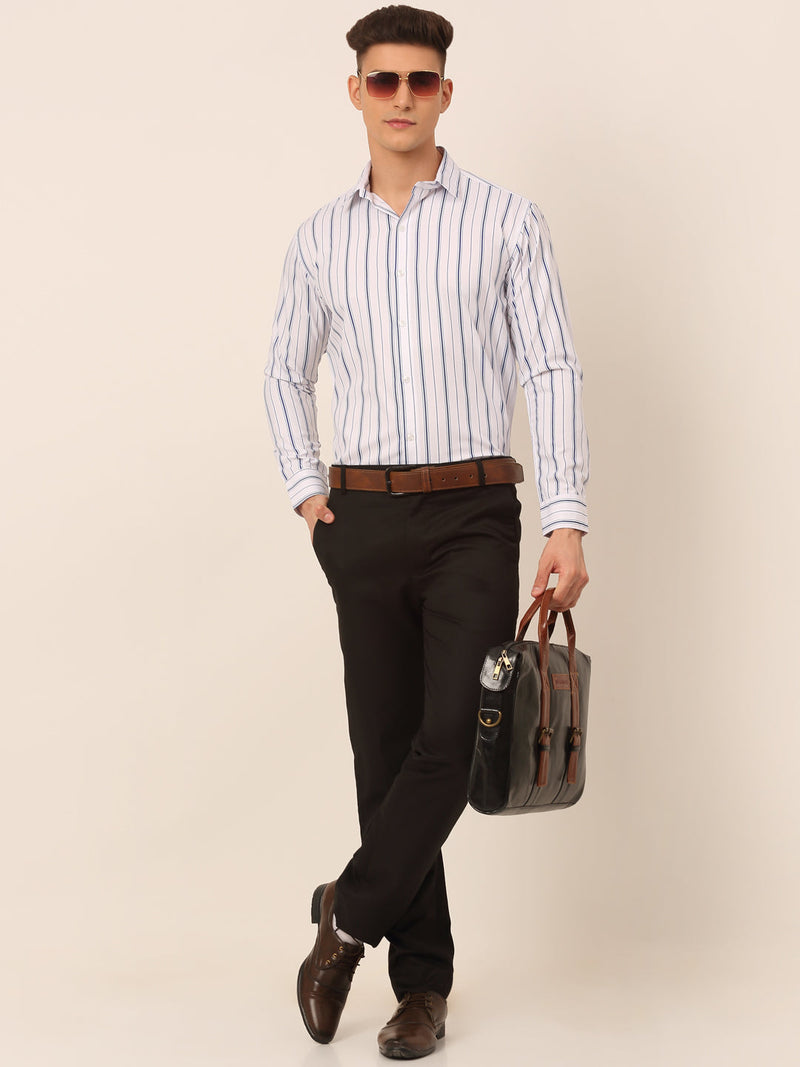 Men White & Blue Classic Striped Formal Shirt