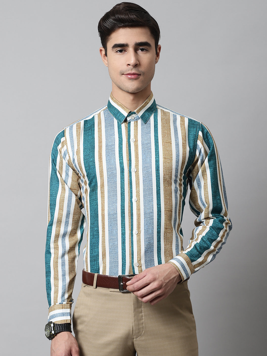 Men Green Classic Striped Formal Shirt