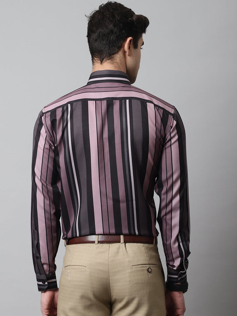 Men Wine and Black Classic Striped Formal Shirt