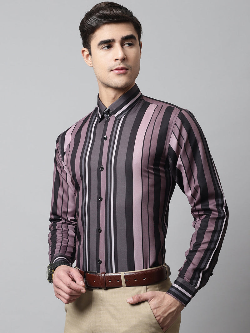 Men Wine and Black Classic Striped Formal Shirt