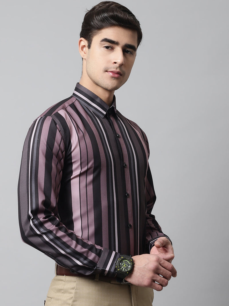 Men Wine and Black Classic Striped Formal Shirt