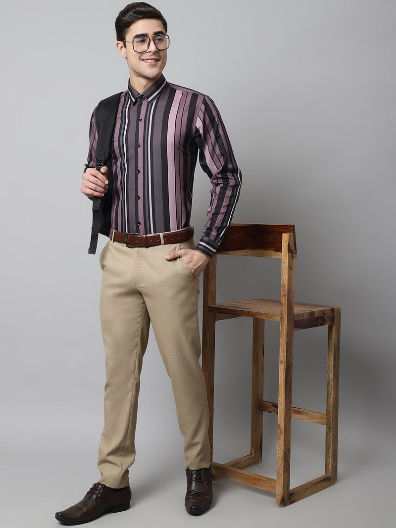 Men Wine and Black Classic Striped Formal Shirt