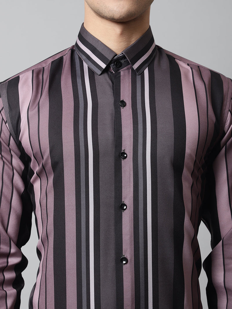 Men Wine and Black Classic Striped Formal Shirt